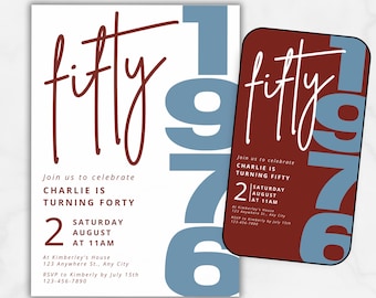 50. Geburtstagseinladung Erwachsene Party 1976 Retro Typografie Design Komplett anpassbarer Druck & Digitale Party lädt Canva Vorlagen ein