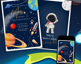 Bearbeitbare Astronaut Geburtstag Party Einladung Kids Space Invite Orbit Um die Sonne Einladung Canva Vorlage Sofortiger Download