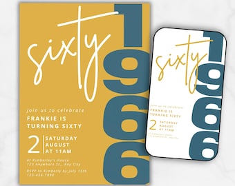 Geburtstagseinladung für Erwachsene 1966 geboren Bold Retro Typografie Design vollständig anpassbarer Druck und digitale Party lädt Canva Vorlagen ein