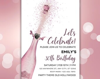 Champagner Let's Celebrate Geburtstagseinladung, Roségold-Meilensteinparty, Verlobungsfeier, Canva-Vorlage Anpassen zu Ereignisdetails