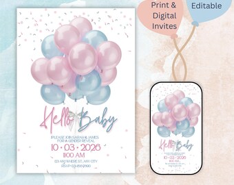 Gender Reveal Einladung Hallo Baby Pink & Blaue Ballons Print und Digital Lädt Canva Editable ein