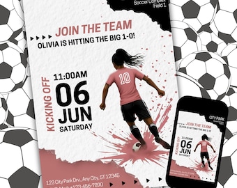Bearbeitbare Fußball Mädchen Geburtstag einladen, druckbare schwarze Kinder-Geburtstags-Party Einladung, digitale Party einladen, Canva Vorlage, sofortiger Download