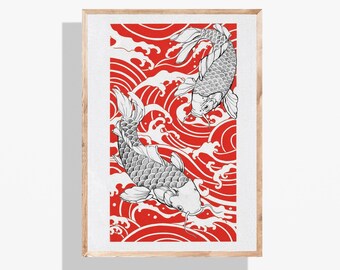 Koi Fisch Wand Kunst Rot Japanischer Stil Koi Illustration Minimalistische asiatisch inspirierte Kunstwerk Moderne rote & weiße Fische Kunstdruck Sofort Download