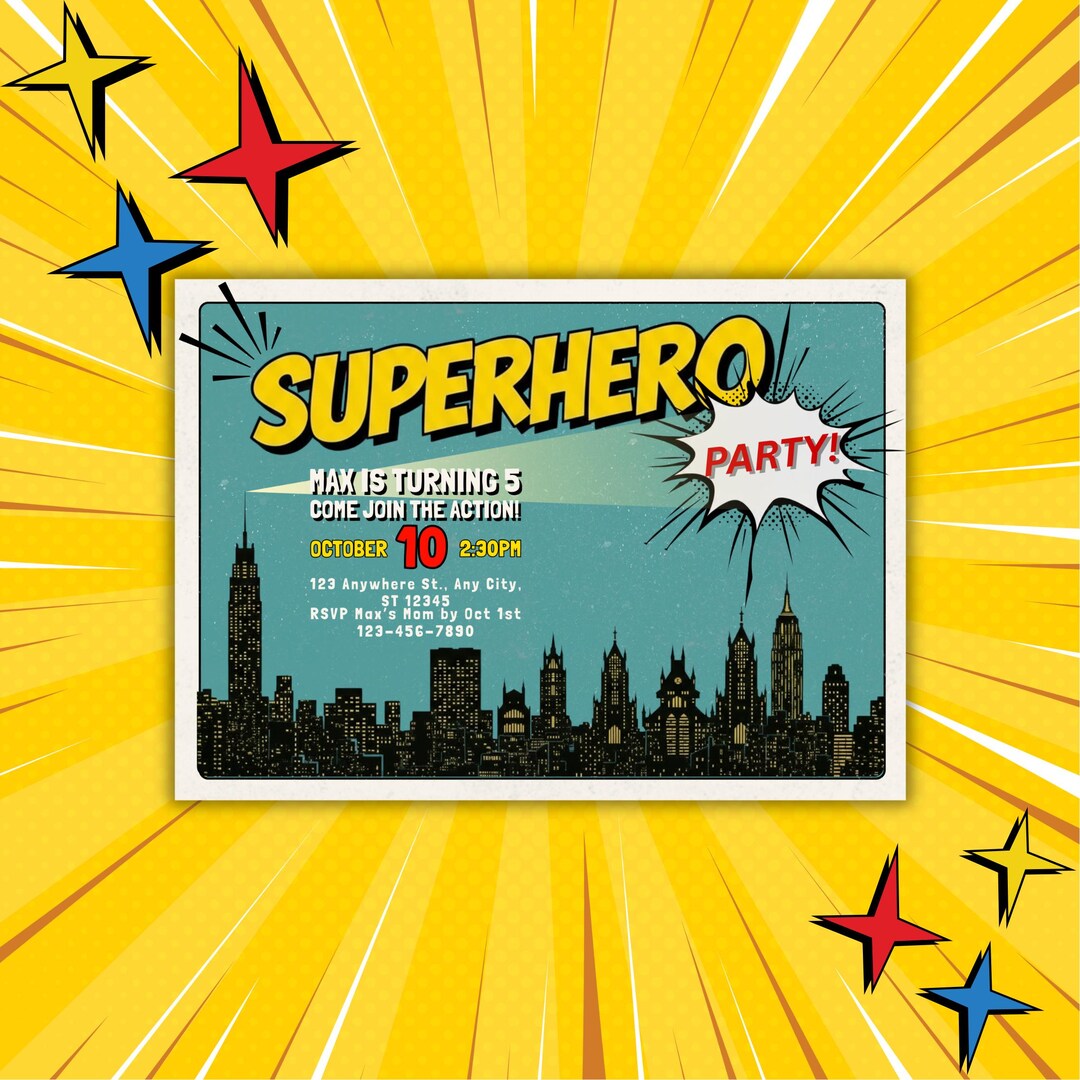 Editable Superhero Birthday Invitation Retro Comic Boys Party Invite ...