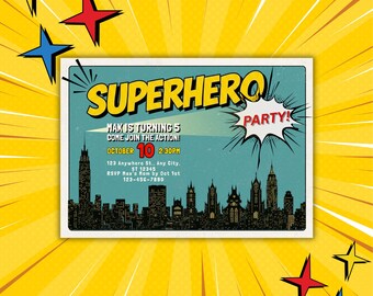 Bearbeitbare Superheld-Geburtstags-Einladung Retro Comic Jungen-Party einladen Canva Vorlage Sofort-Download