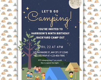 Camping Geburtstag bearbeitbare Einladung Kinder Hinterhof Lager einladen Lagerfeuer Party Canva Vorlage Sofort Download