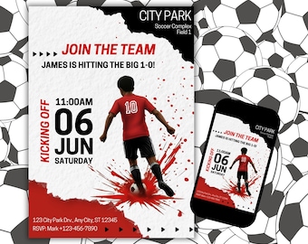 Bearbeitbare Fußball-Geburtstags-Einladung, druckbare schwarze Kinder-Geburtstags-Party Einladung, digitale Party einladen, Canva-Vorlage, sofortiger Download