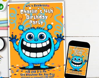 Monster-Geburtstags-Party Einladung Kinder Bunte Cartoon freundliche Monster Monster Themed Geburtstag Jedes Alter Anpassbare Canva Vorlage einladen