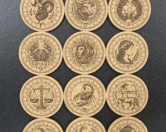 Posavasos con diseño de zodiaco y horóscopo (archivo cortado a láser) / Paquete de 12 signos astrológicos PNG SVG / Descarga digital para amantes del horóscopo