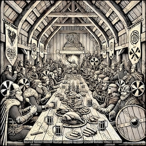 Vikingfeest in Longhouse - voor lasergravure, kunst aan de muur, kaarten maken, klokken, cadeaus, drukwerk, knutselen en doe-het-zelfprojecten, SVG- en PNG-bestanden