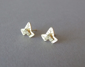 14k Gold Stud Ivy Leaves Earrings - leaf earrings , solid gold stud earrings , woodland jewelry , bridal earrings, woodland wedding