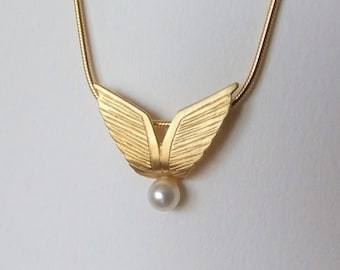 14k Gold Wings Necklace with Pearl - wings necklace , pearl necklace ,  gold necklace , gold wing necklace , fantasy wedding