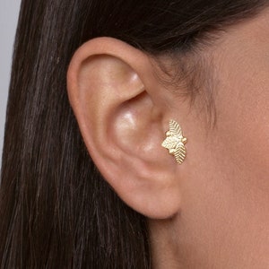 14k Gold Leaves and Berries Leaves Tragus Stud - tragus piercing , gold tragus , elven tragus earring , woodland tragus stud