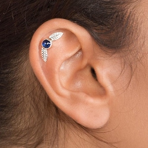 Silver Leaves Cartilage Earring with Personalized Gemstone - cartilage stud, ear piercing, helix earring, silver helix stud