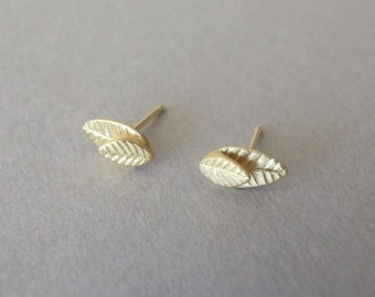 Gold Stud Earrings - leaf earrings, solid gold earrings, 14k gold earrings, Valentine's Day gift, anniversary gift, gift for her