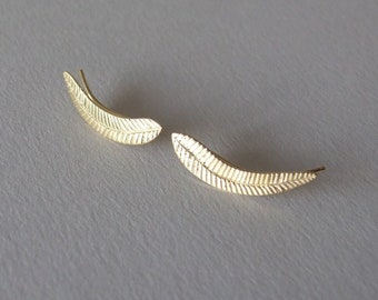 Ear Climbers - gold climbing earrings , feather earrings , wedding earrings , gold stud earrings