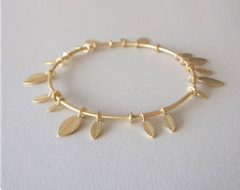 Gold Bangle Bracelet  - solid gold bracelet , leaf bracelet ,  wedding bracelet , 14k gold bracelet ,