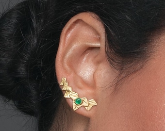 Emerald Gold Earrings- gemstone earrings , ivy stud earrings , solid gold studs , birthstone earrings, leaf earrings , ear climbers