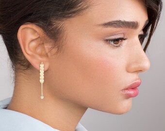 Gold Wheat Earrings with Diamonds - wedding jewelry , woodland wedding , fields of gold , wheat jewelry , wedding earrings
