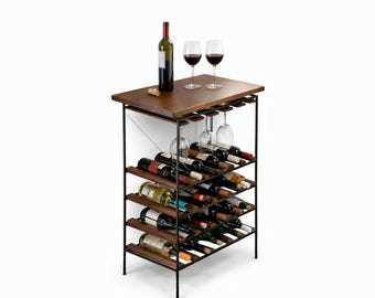 Solid Walnut Liquor Cabinet, heat-blackened steel frame, freestanding wine and bar storage cabinet with glass rack and bottle shelves