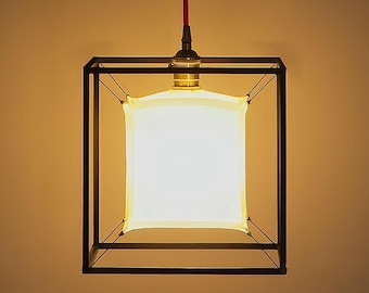 Sheepskin Pendant Light, natural rawhide shade, heat-blackened steel frame, cube hanging lamp, minimalist ceiling lighting