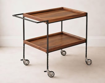 Two-Tier Rolling Bar Cart, solid black walnut shelves, heat-blackened steel frame, locking casters, freestanding serving and liquor cart