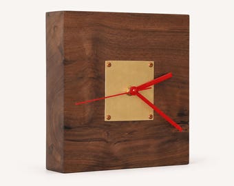 Solid Walnut Desk Clock with Brass Center Plate, Handmade Silent Analog Wooden Table Clock