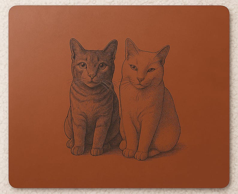 Pode incluir: Um mousepad retangular marrom com uma ilustra&ccedil;&atilde;o detalhada de dois gatos. Um gato &eacute; marrom com listras, o outro &eacute; marrom claro liso. Os gatos est&atilde;o sentados e olhando para frente.
