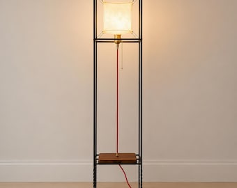 Modern Floor Lamp with Leather Shade, Unique Walnut Standing Light, Handmade Wood Lamp, Minimal Ambient Lighting