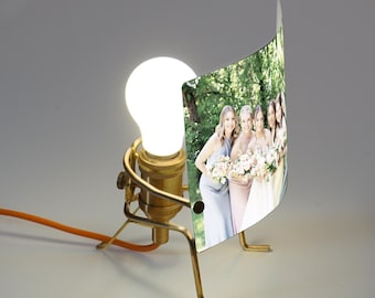 Custom Photo Table Lamp, brass LED desk lamp with personalized image, compact sculptural tabletop lighting