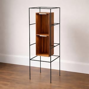 Freestanding Display Cabinet, solid walnut shelves, heat-blackened steel frame, LED lighting, minimalist storage cabinet image 1