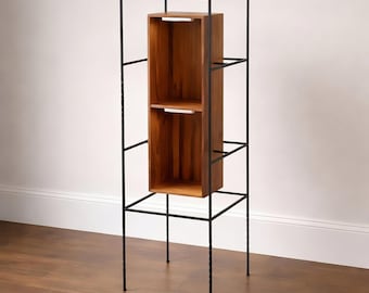 Freestanding Display Cabinet, solid walnut shelves, heat-blackened steel frame, LED lighting, minimalist storage cabinet
