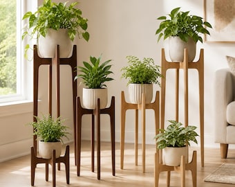 Handcrafted Tall Wooden Indoor Plant Stand in Oak or Black Walnut
