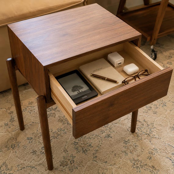 Solid Black Walnut Side Table with Drawer, Handmade Nightstand, Modern End Table, Small Bedside Table