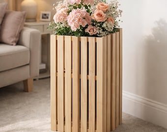 Handmade Solid Walnut or White Oak Indoor Planter Box, 11x11x24 Tall Modern Slatted Floor Planter, Reversible Adjustable Shelf.