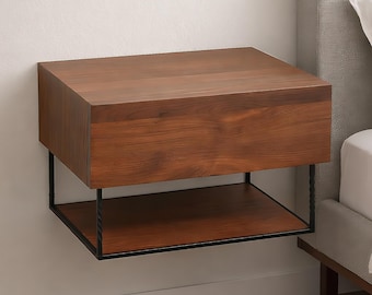 Floating Nightstand, solid walnut wall-mounted bedside table with drawer, minimalist handmade bedroom storage