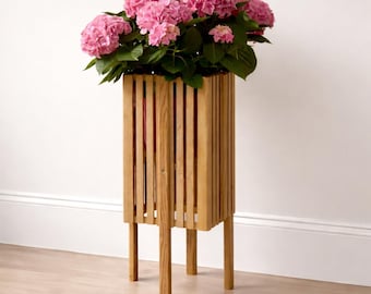 Handmade Solid Walnut or White Oak Indoor Planter Box, 9x9x24 Tall Modern Slatted Floor Planter.