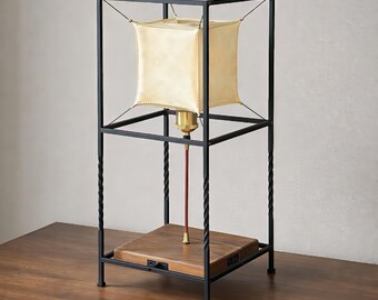 Handmade Table Lamp, natural rawhide shade, heat-blackened steel frame, solid walnut base, sculptural tabletop lighting