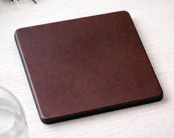4mm Thick Leather Coaster Set, square full-grain leather drink coasters, custom engraving, minimalist bar and table decor