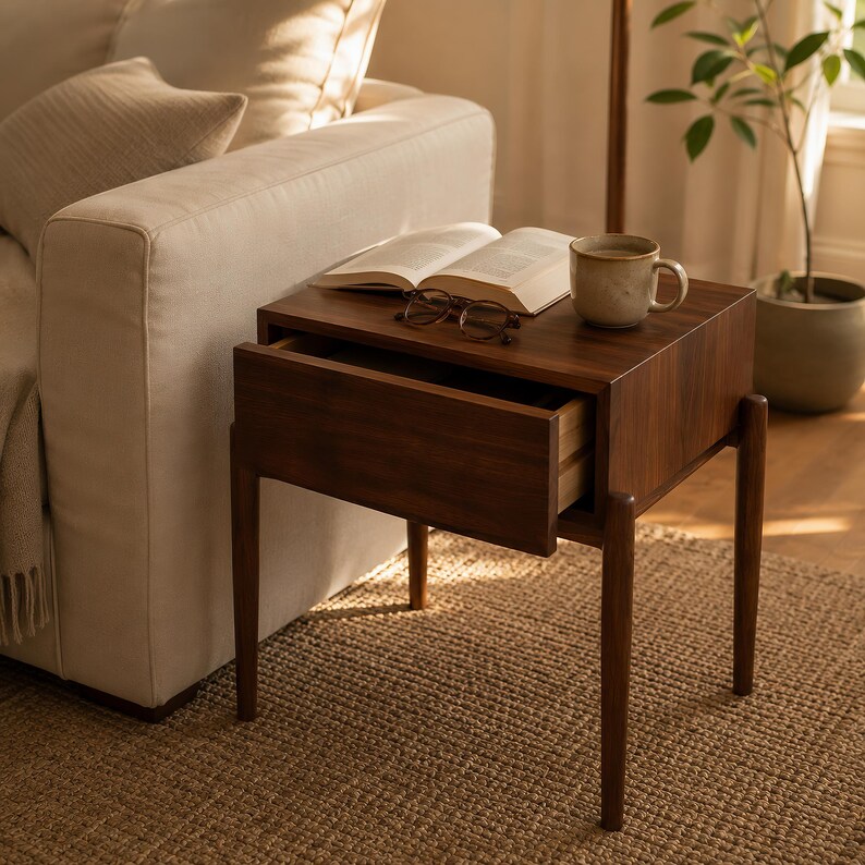 Puede incluir: Una mesa auxiliar de madera de color marr&oacute;n oscuro con un caj&oacute;n extra&iacute;ble, cuatro patas c&oacute;nicas y una superficie superior cuadrada. Sobre la mesa hay un libro abierto, unas gafas de lectura de montura oscura y una taza de cer&aacute;mica beige.