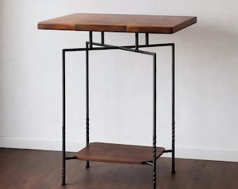 Solid Walnut Side Table, heat-blackened steel forged base, minimalist handmade end table for living room or bedroom