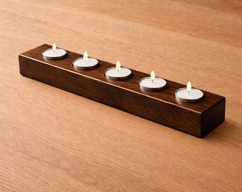 5-Cup Solid Wood Tea Light Holder, linear tabletop candle centerpiece, white oak or black walnut, minimalist dining and mantel decor