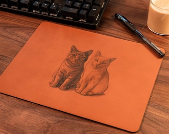 Leather Mouse Pad, Custom Laser Engraved Pet Portrait, Full-Grain Leather Desk Mat, Personalized Gift for Office Desk, 10x8