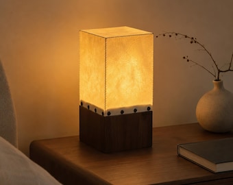 Rawhide Table Lamp, Modern Table Lamp, Small Desk Lamp, Bedside Table Lamp, Handmade Wooden Cube Lamp, Leather Nightstand Light