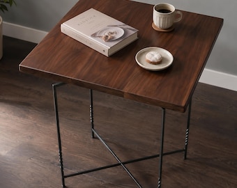 Solid Walnut Side Table, heat-blackened steel base, handmade minimalist end table for living room or bedroom