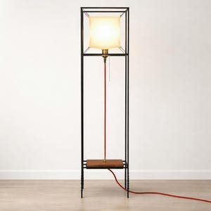 Handmade Floor Lamp, natural rawhide shade, heat-blackened steel frame, solid walnut base, sculptural freestanding lighting