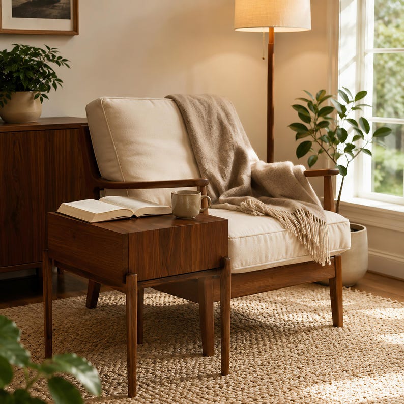 Puede incluir: Un sill&oacute;n de madera con cojines color crema y una manta beige sobre el respaldo. Al lado hay una mesa auxiliar de madera oscura con un libro abierto y una taza de cer&aacute;mica. Los muebles est&aacute;n colocados sobre una alfombra tejida de color claro.