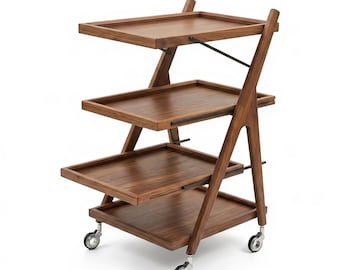 Four-Tier Walnut Bar Cart with Removable Trays, Modern Wood Serving Trolley with Wheels and Locking Casters