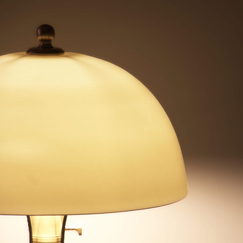 Close-up of a 3 mm translucent bone china lampshade glowing with soft warm light and solid brass hardware detail.