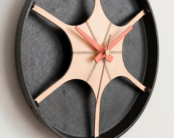 Pan Wall Clock, Hand-Stitched Leather Center, Industrial Kitchen Wall Decor